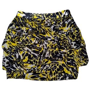 CACHE Women Size 8 Black Yellow Animal Print Layered Ruffled 19" Tiered Skirt